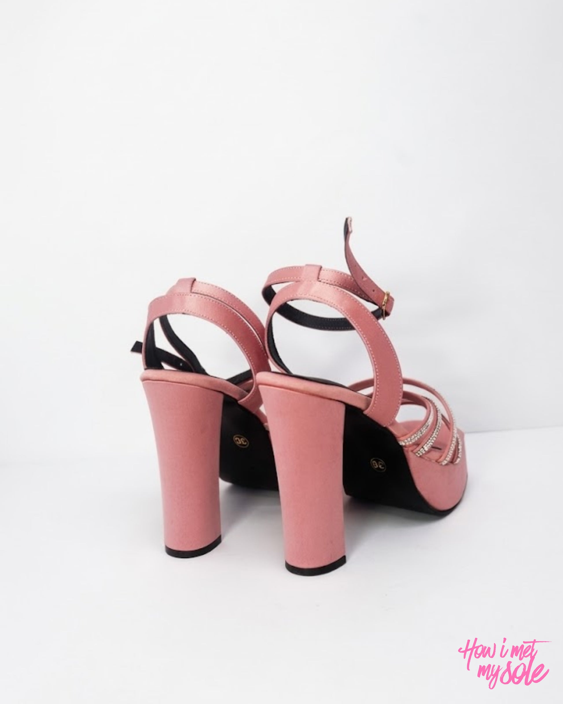 Comfortable & Stylish 'Disco Diwani' Baby Pink Satin Open Toe Platform 4 Inches Block Heel - Back Side