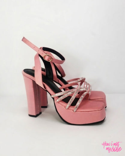 Comfortable & Stylish 'Disco Diwani' Baby Pink Satin Open Toe Platform 4 Inches Block Heel - Sides