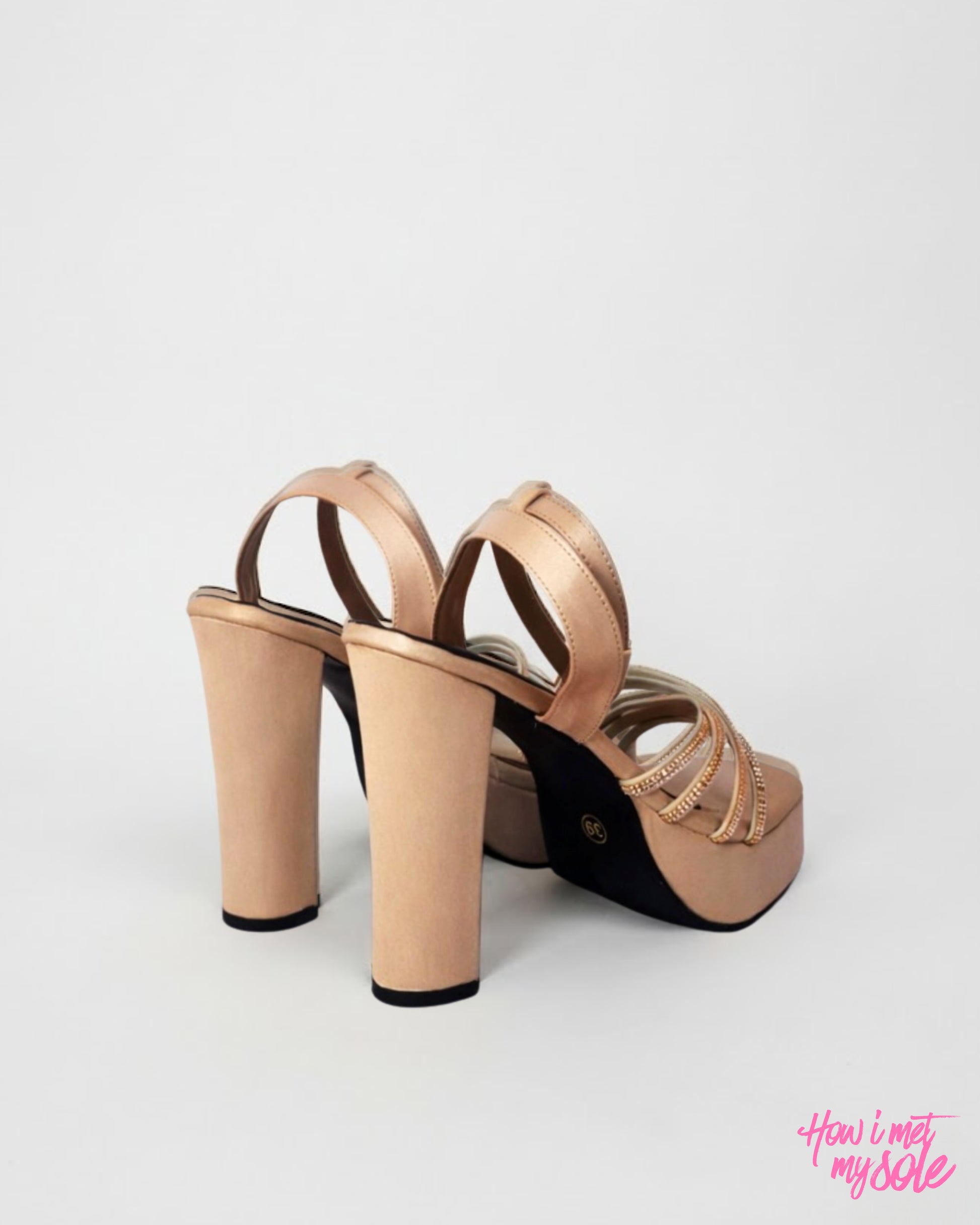 Comfortable & Stylish 'Disco Diwani' Copper Open Toe Platform Satin 4 Inches Block Heels - Back Side