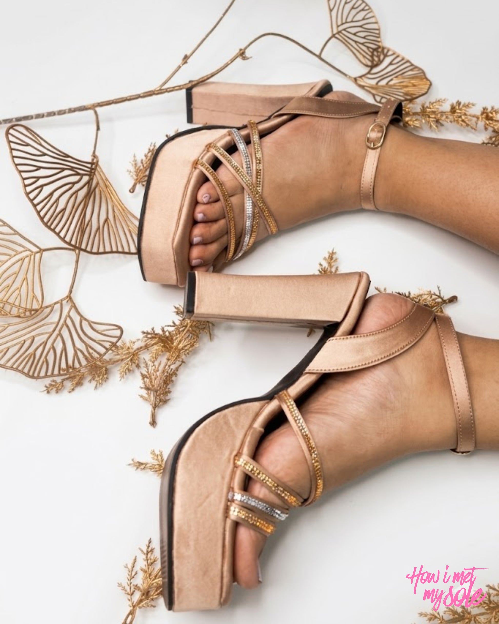 Comfortable & Stylish 'Disco Diwani' Copper Open Toe Platform Satin 4 Inches Block Heels - In Feet