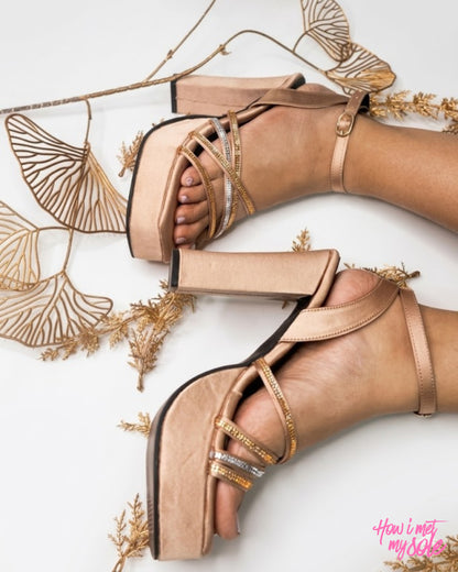 Comfortable & Stylish 'Disco Diwani' Copper Open Toe Platform Satin 4 Inches Block Heels - In Feet