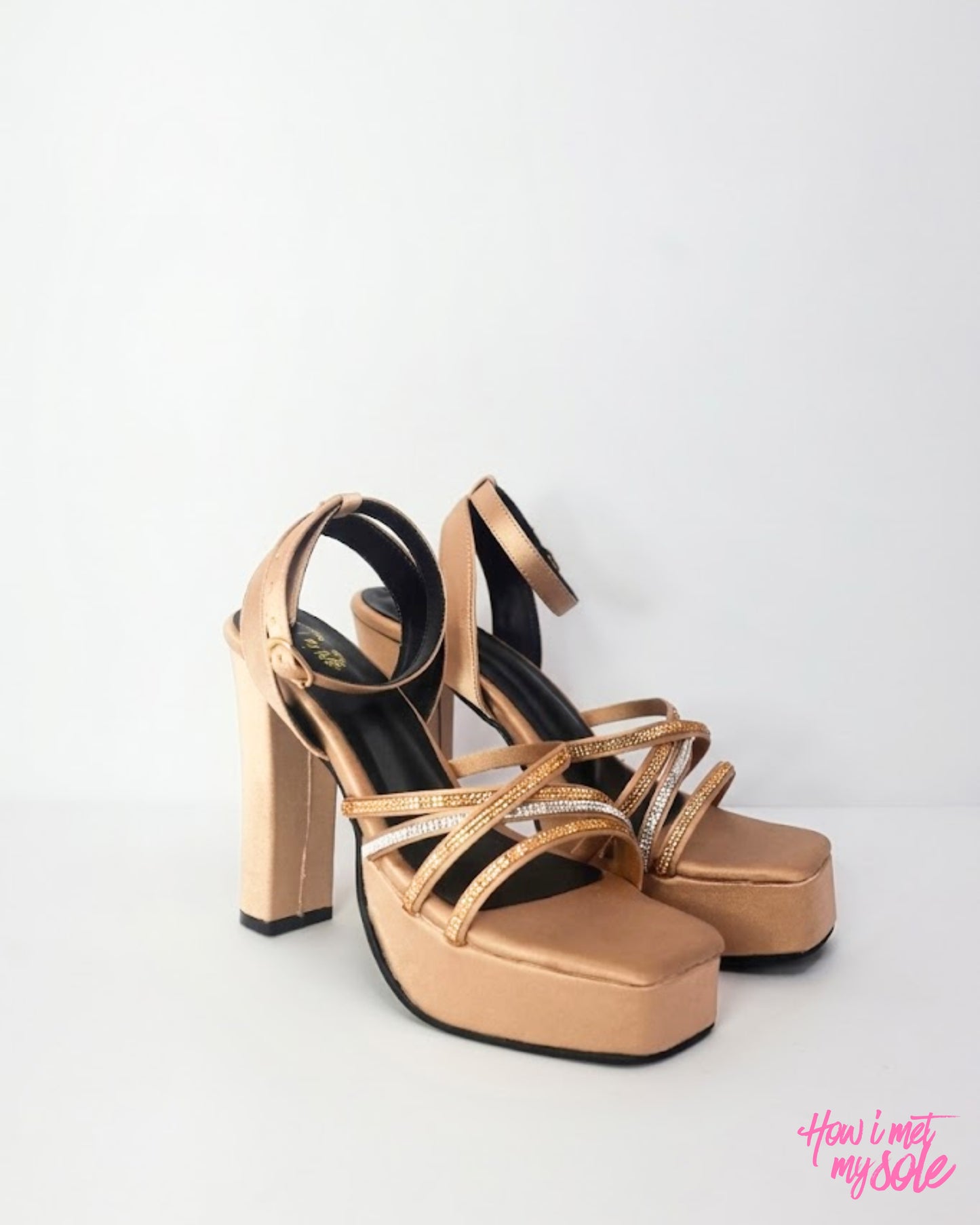 Comfortable & Stylish 'Disco Diwani' Copper Open Toe Platform Satin 4 Inches Block Heels - Sides