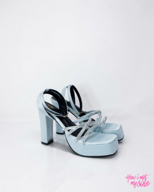 Comfortable & Stylish 'Disco Diwani' Ice Blue Open Toe Platform Satin 4 Inches Heels - Sides