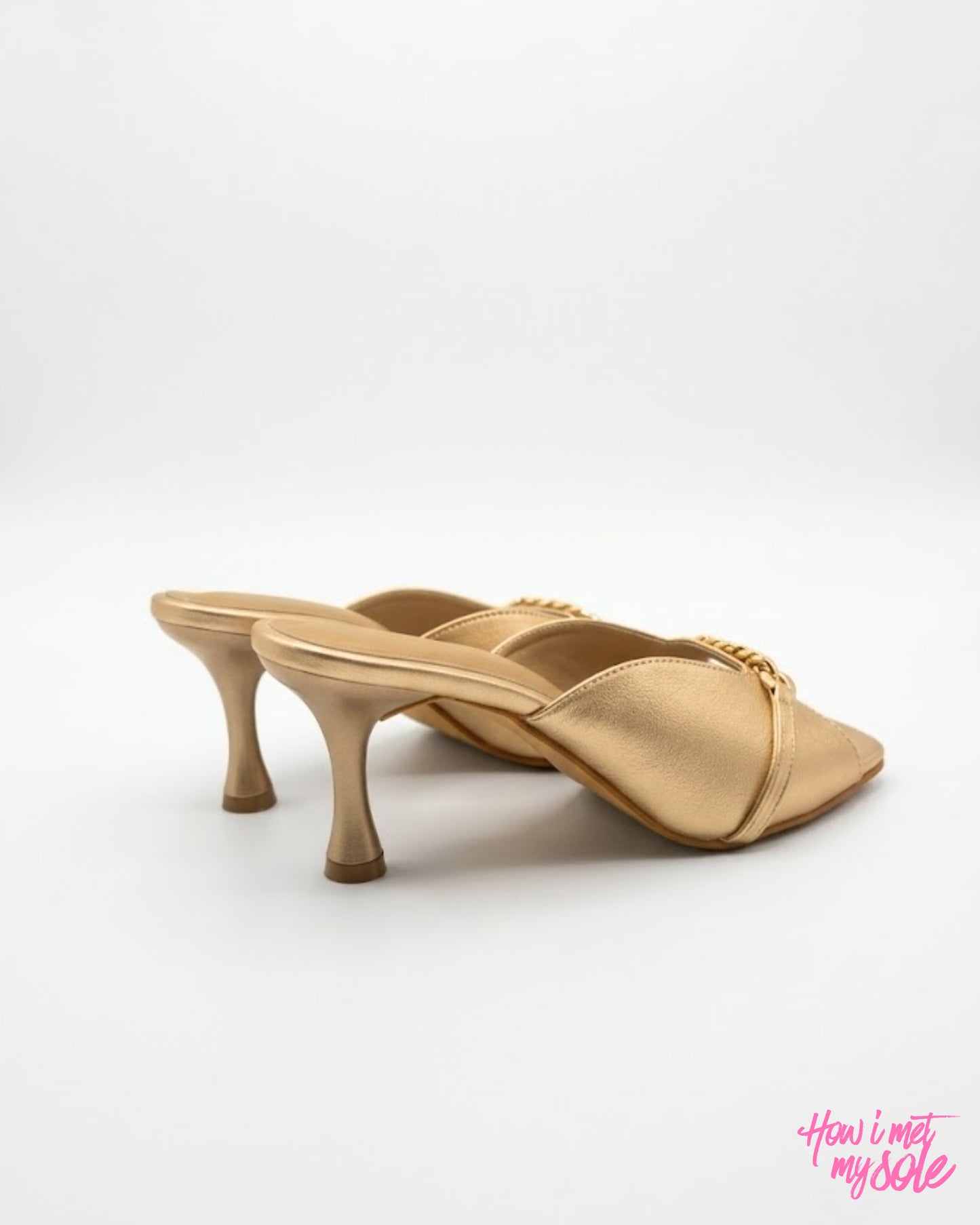 Comfortable & Stylish 'Drama Mama' Gold PU Open Square Toe 3 Inches Pencil Heel - Back Sides