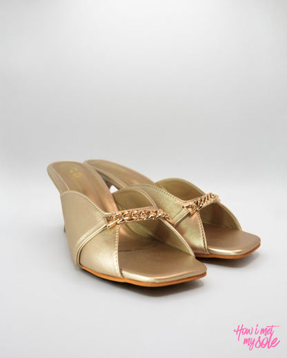 Comfortable & Stylish 'Drama Mama' Gold PU Open Square Toe 3 Inches Pencil Heel - Front Sides