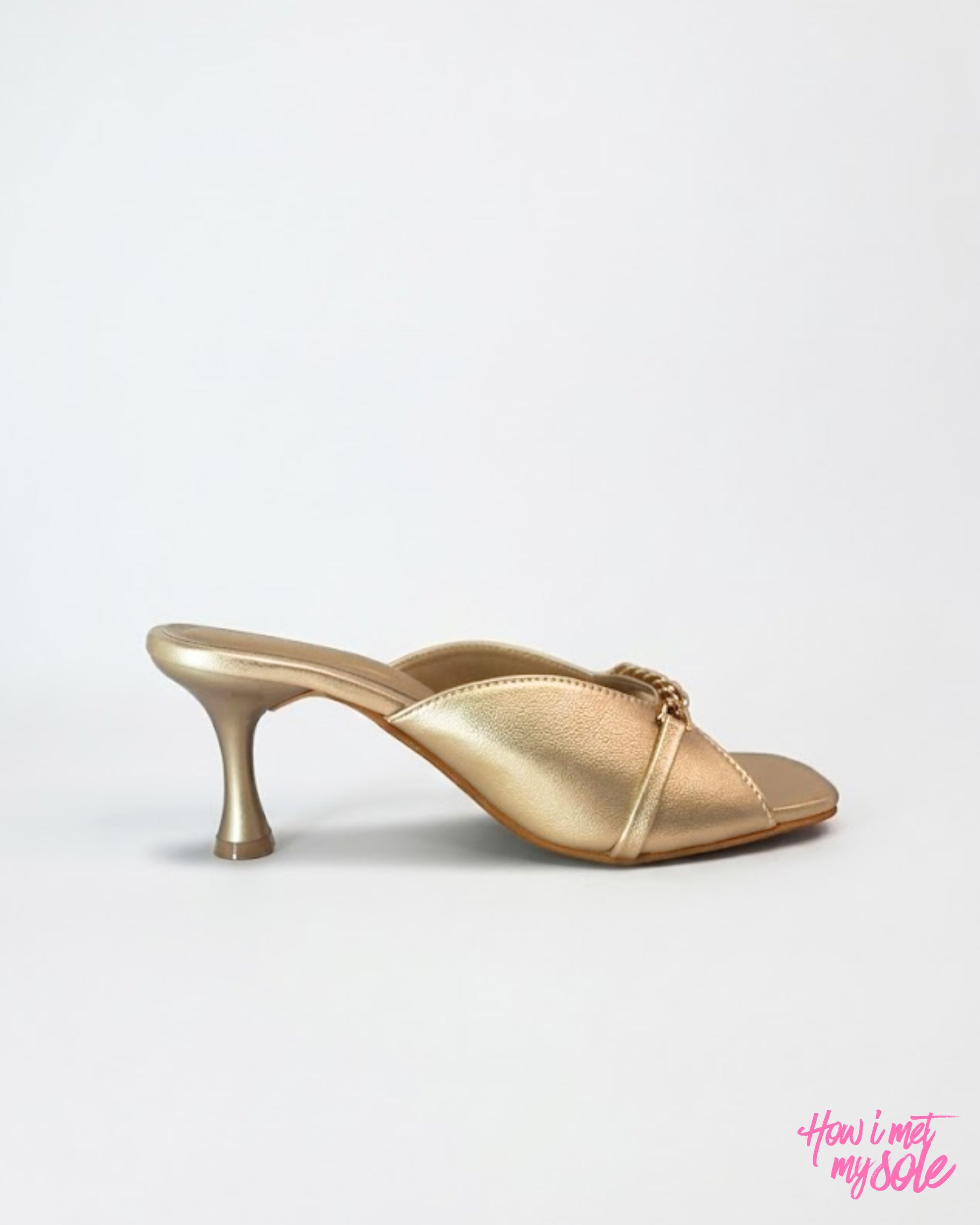 Comfortable & Stylish 'Drama Mama' Gold PU Open Square Toe 3 Inches Pencil Heel - Side