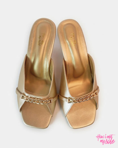 Comfortable & Stylish 'Drama Mama' Gold PU Open Square Toe 3 Inches Pencil Heel - Top
