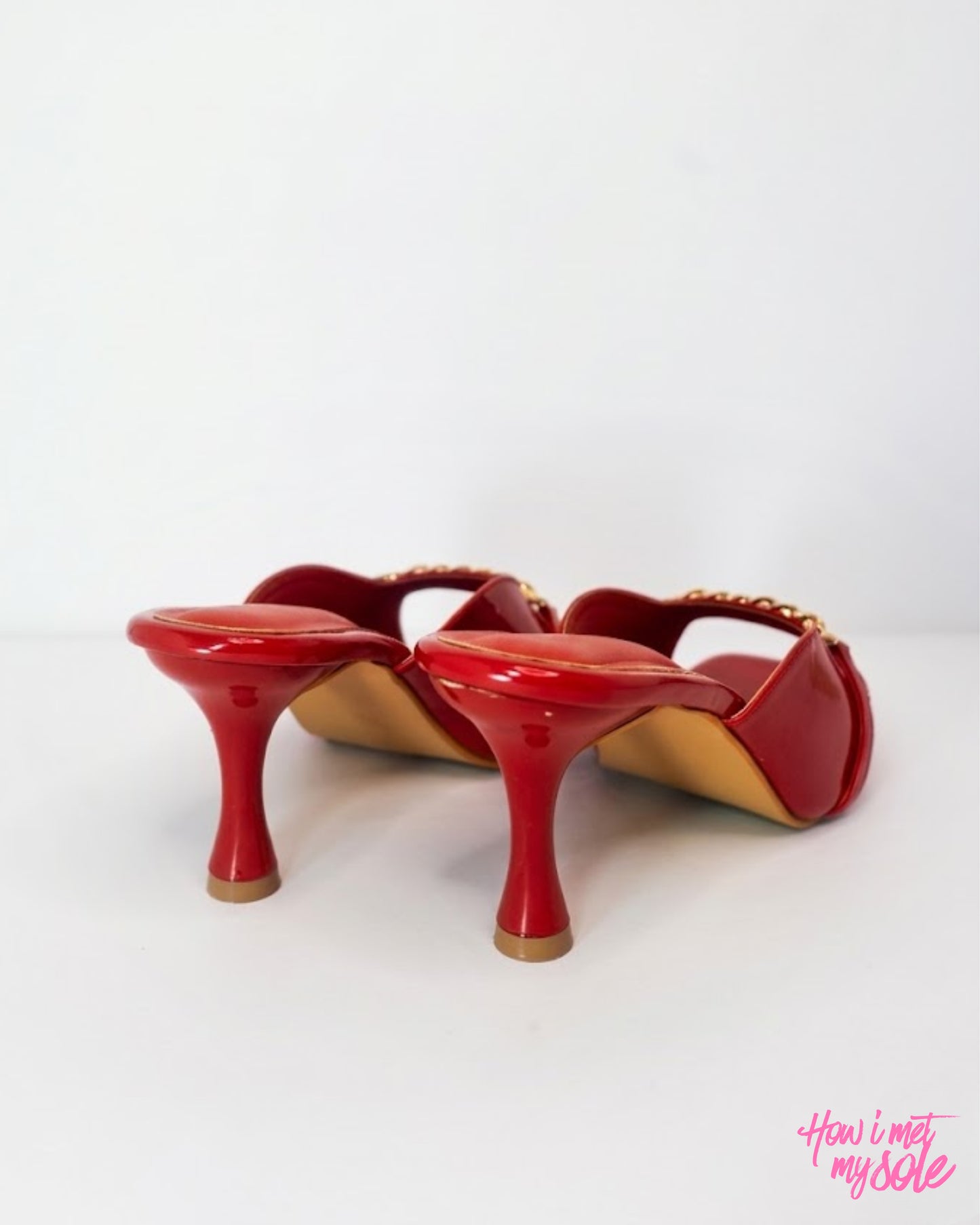 Comfortable & Stylish 'Drama Mama' Red Patent PU Open Square Toe 3 Inches Pencil Heel - Back Sides