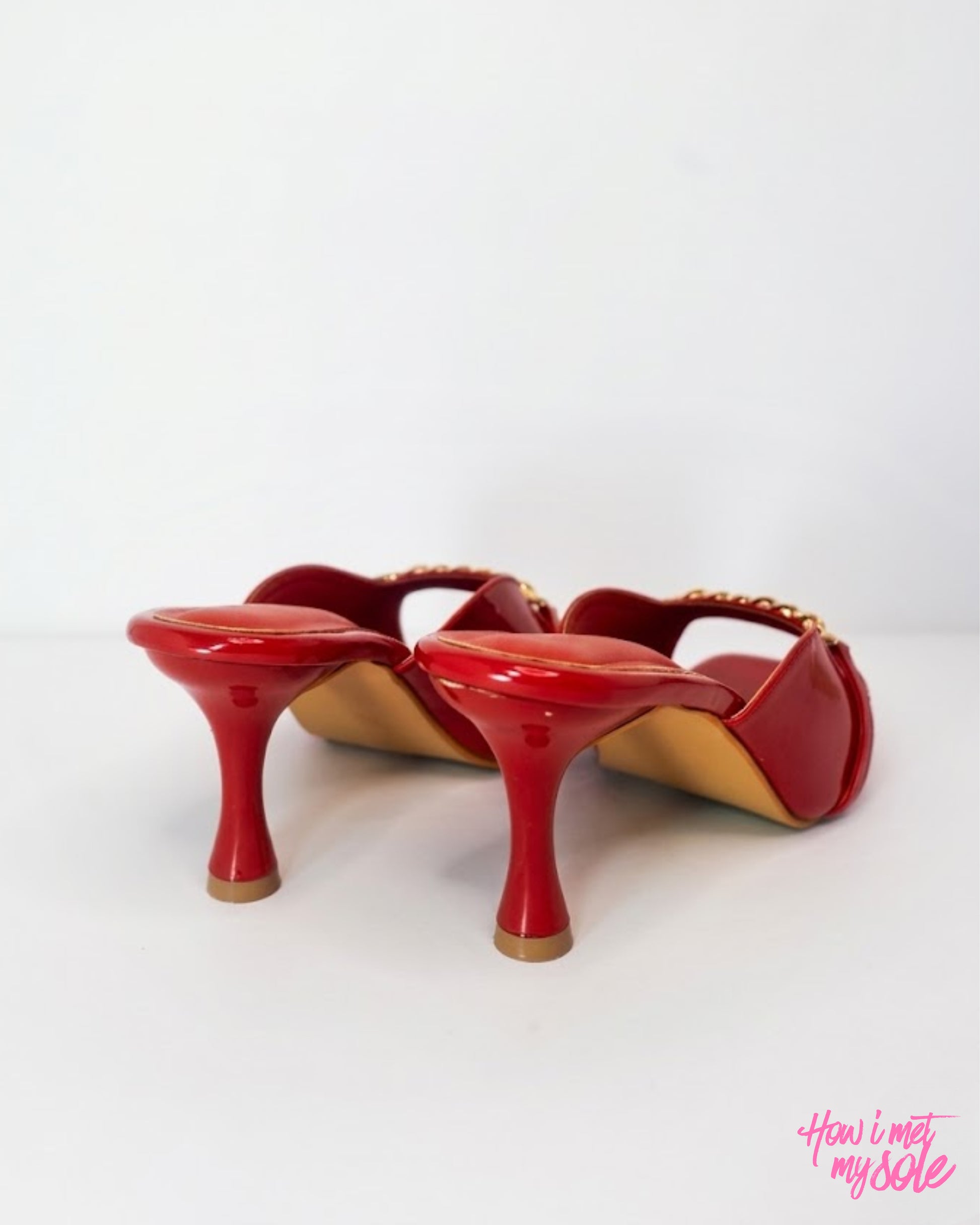 Comfortable & Stylish 'Drama Mama' Red Patent PU Open Square Toe 3 Inches Pencil Heel - Back Sides