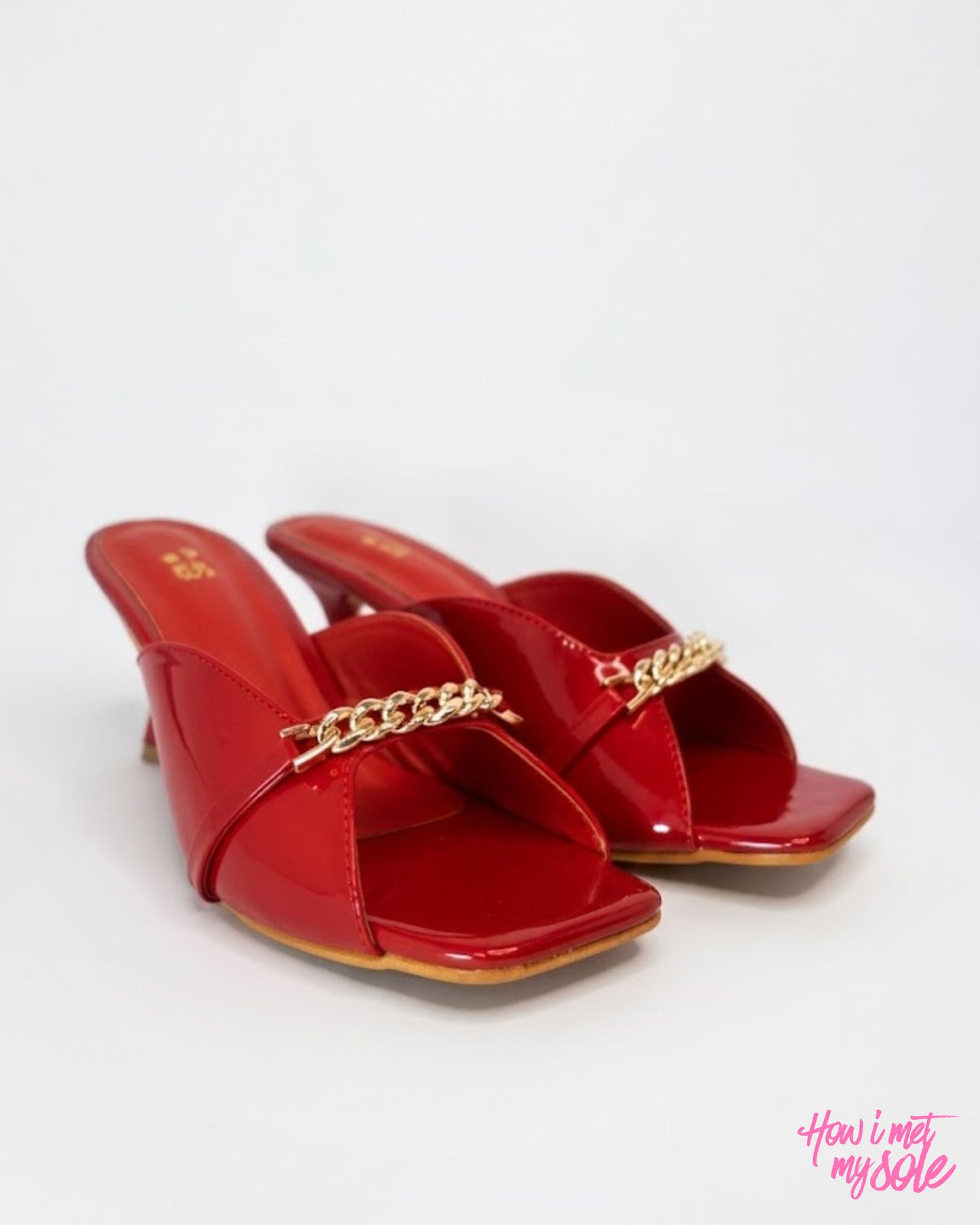 Comfortable & Stylish 'Drama Mama' Red Patent PU Open Square Toe 3 Inches Pencil Heel - Front Sides