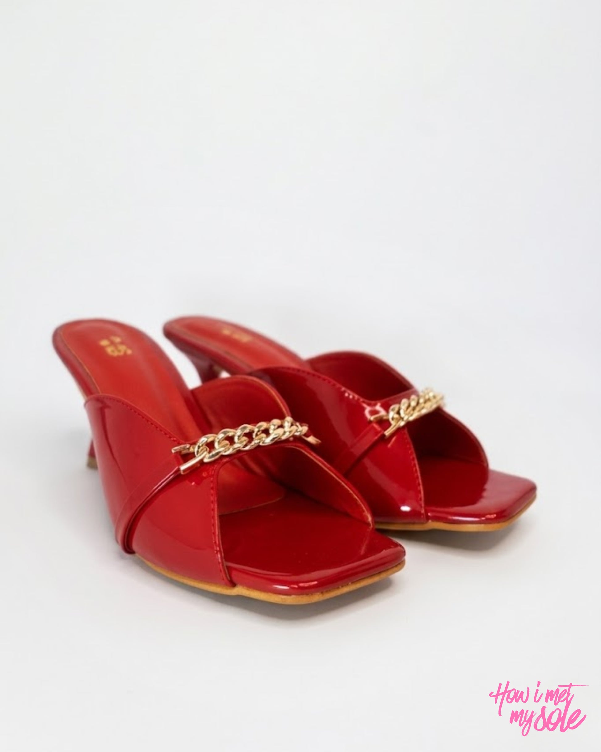 Comfortable & Stylish 'Drama Mama' Red Patent PU Open Square Toe 3 Inches Pencil Heel - Front Sides