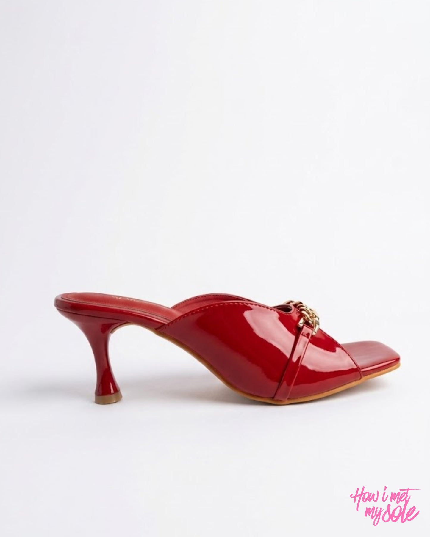 Comfortable & Stylish 'Drama Mama' Red Patent PU Open Square Toe 3 Inches Pencil Heel - Side