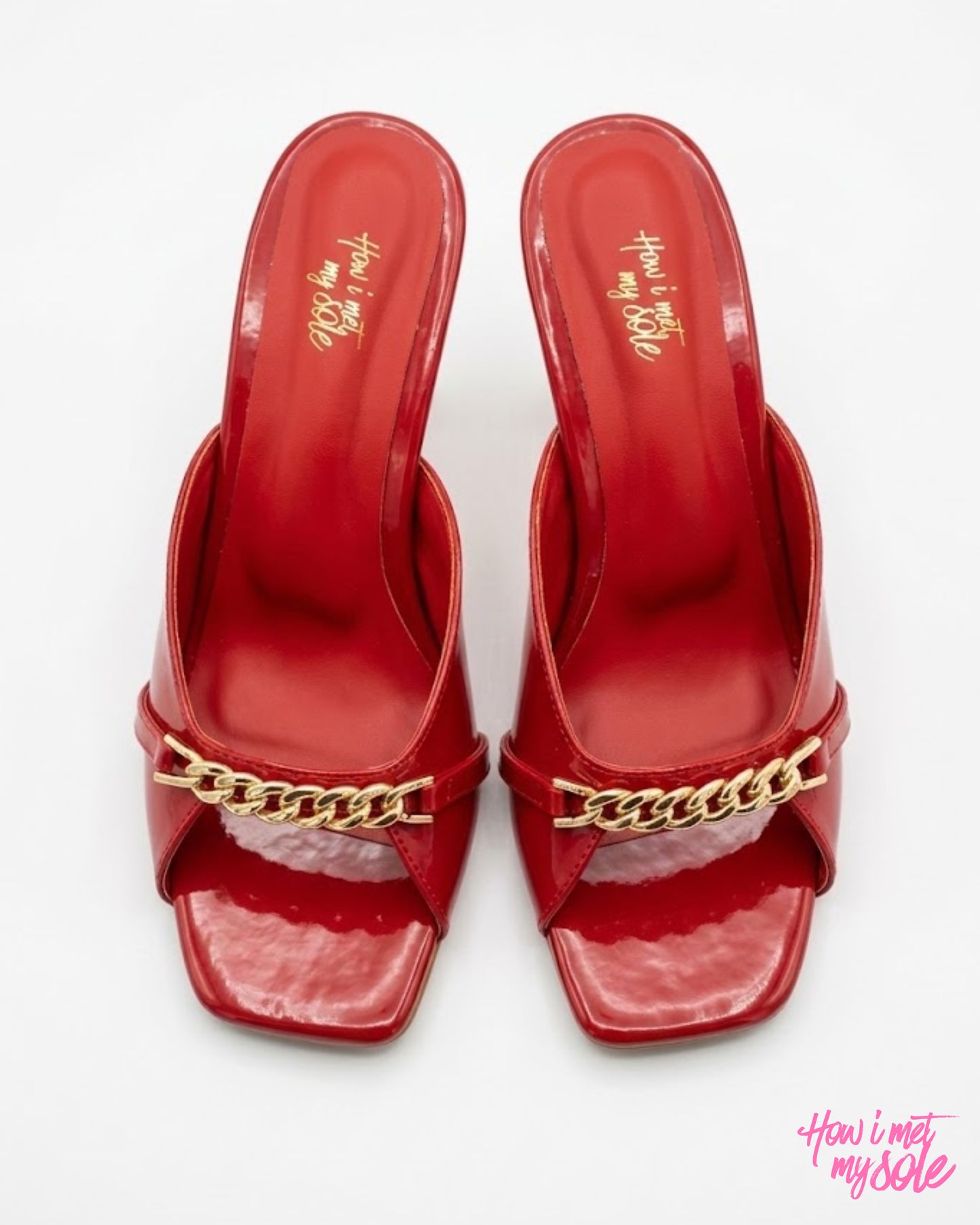 Comfortable & Stylish 'Drama Mama' Red Patent PU Open Square Toe 3 Inches Pencil Heel - Top