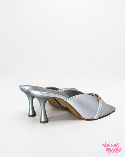 Comfortable & Stylish 'Drama Mama' Silver PU Open Square Toe 3 Inches Pencil Heel - Back Sides