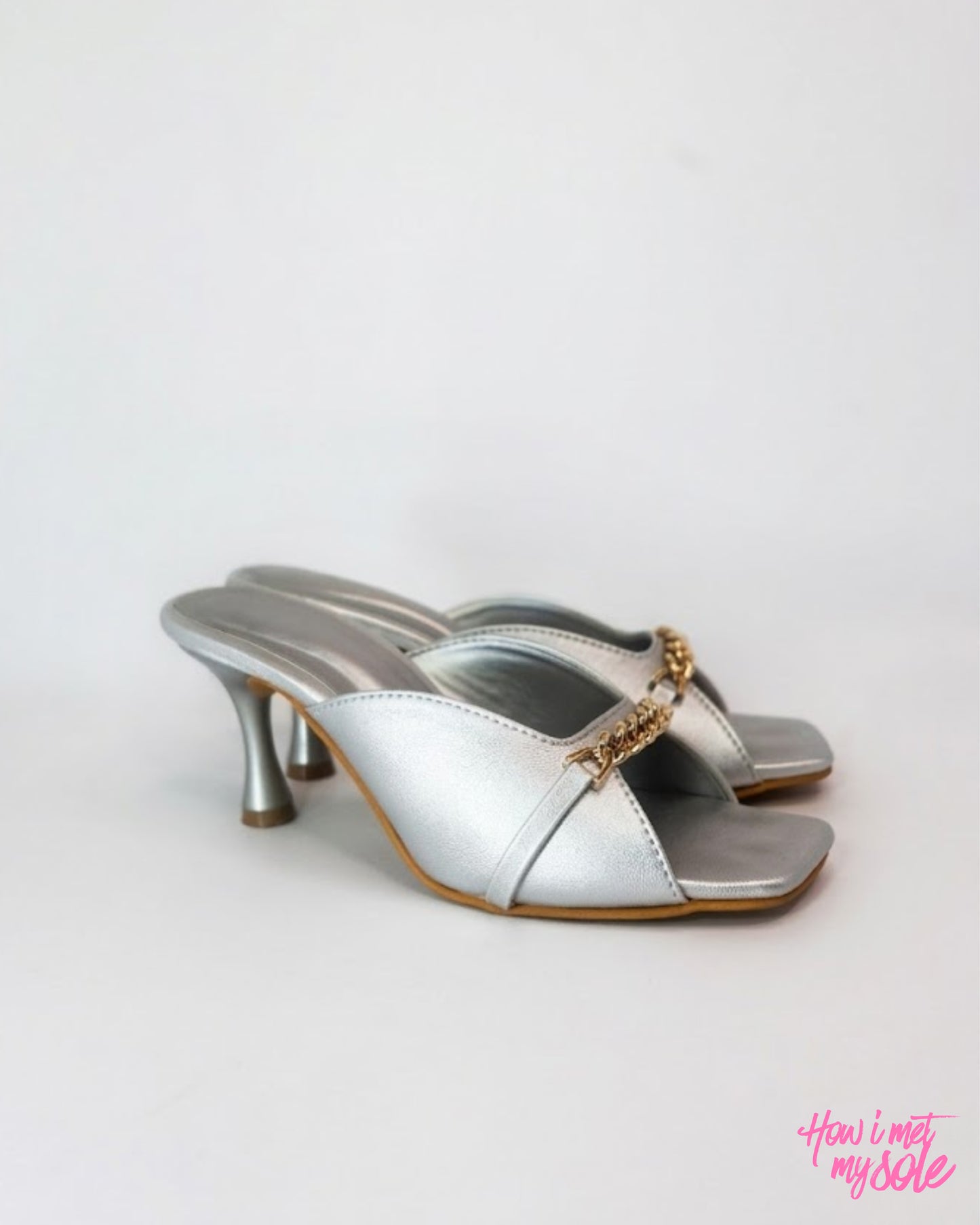Comfortable & Stylish 'Drama Mama' Silver PU Open Square Toe 3 Inches Pencil Heel - Front Sides