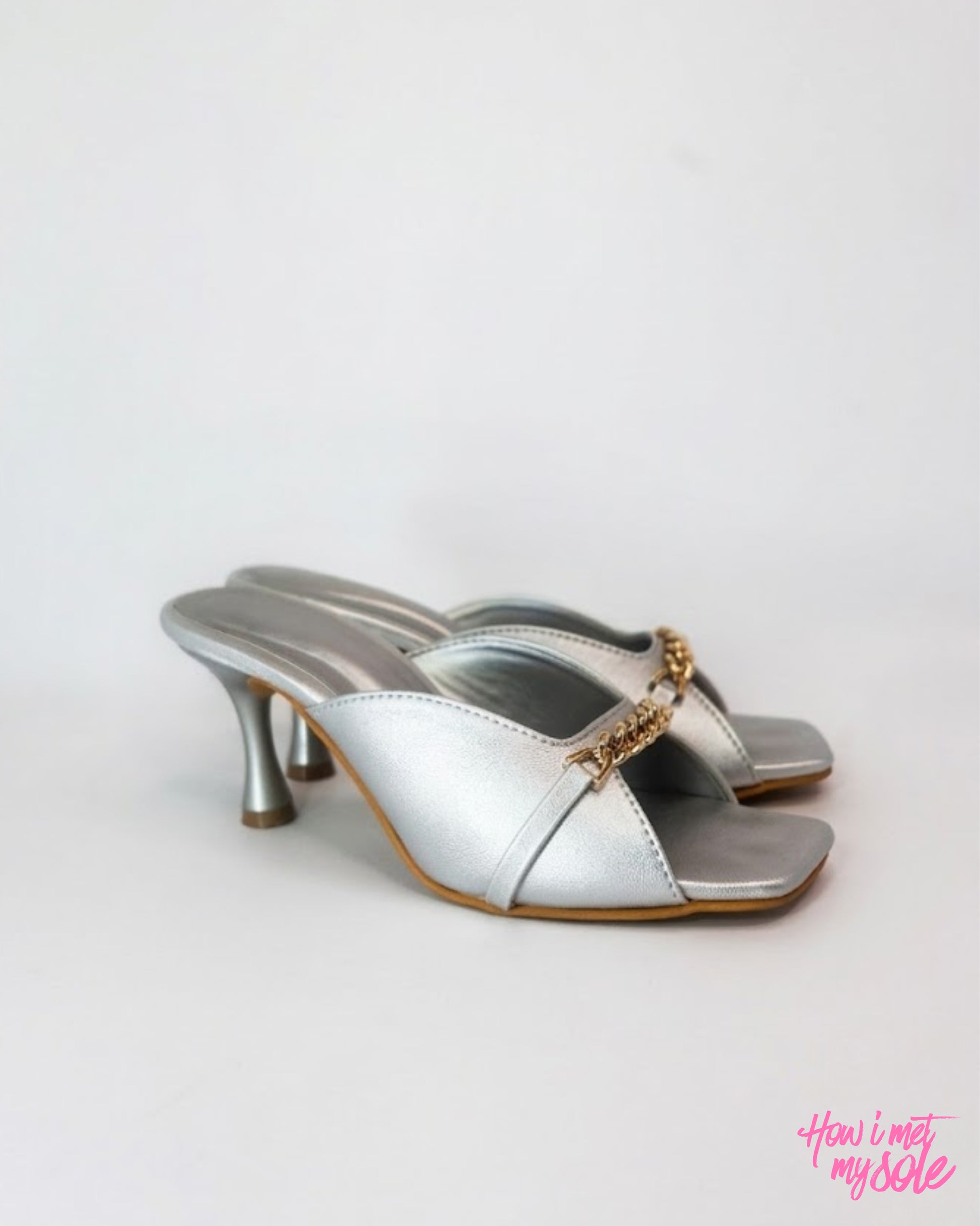 Comfortable & Stylish 'Drama Mama' Silver PU Open Square Toe 3 Inches Pencil Heel - Front Sides
