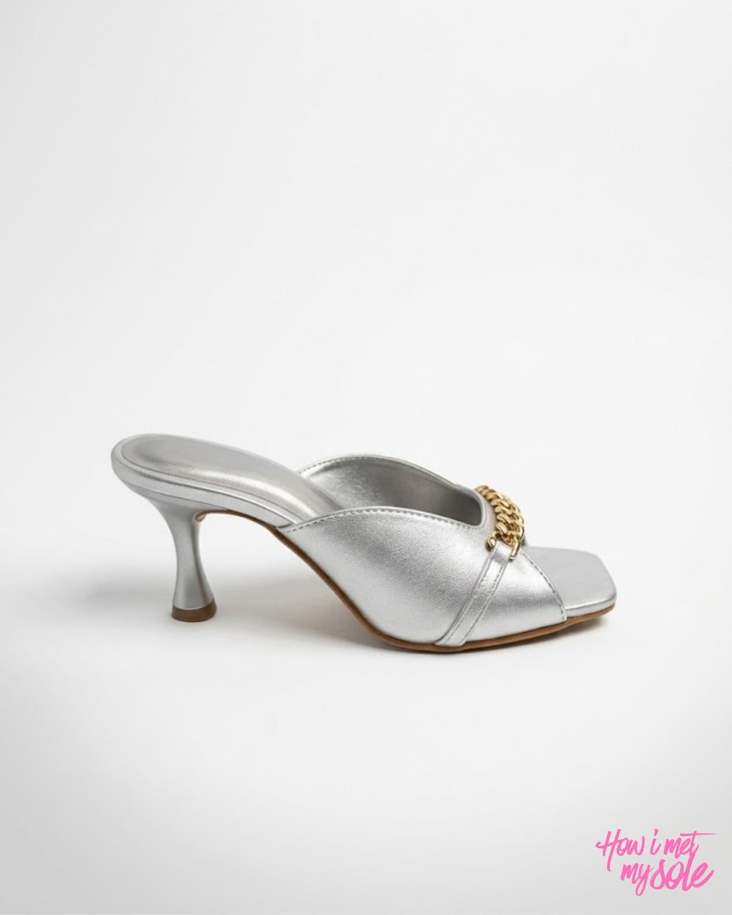 Comfortable & Stylish 'Drama Mama' Silver PU Open Square Toe 3 Inches Pencil Heel - Side