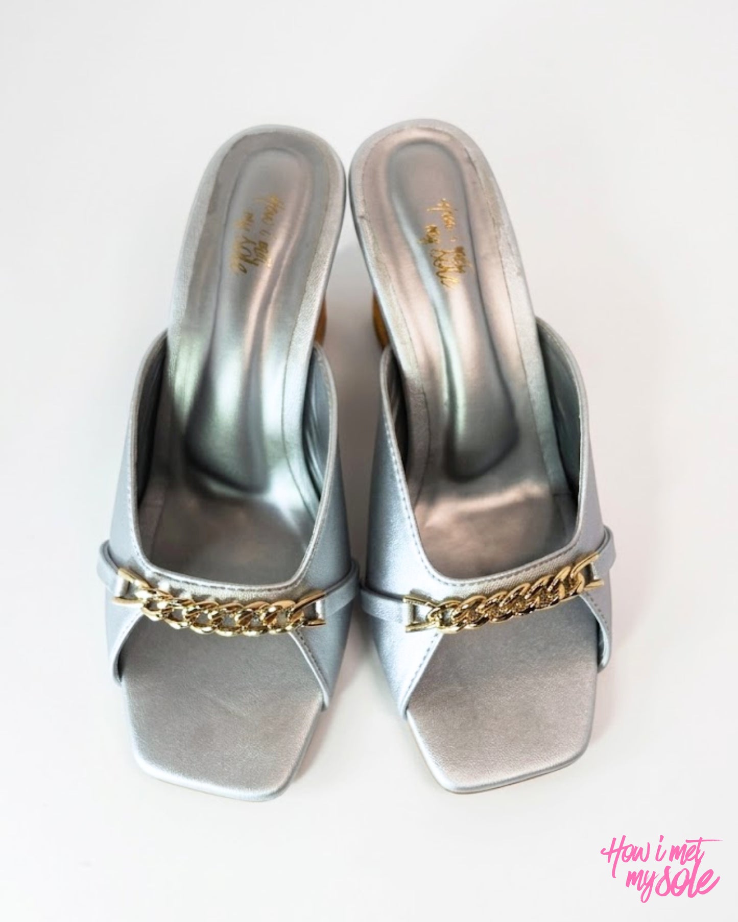 Comfortable & Stylish 'Drama Mama' Silver PU Open Square Toe 3 Inches Pencil Heel - Top