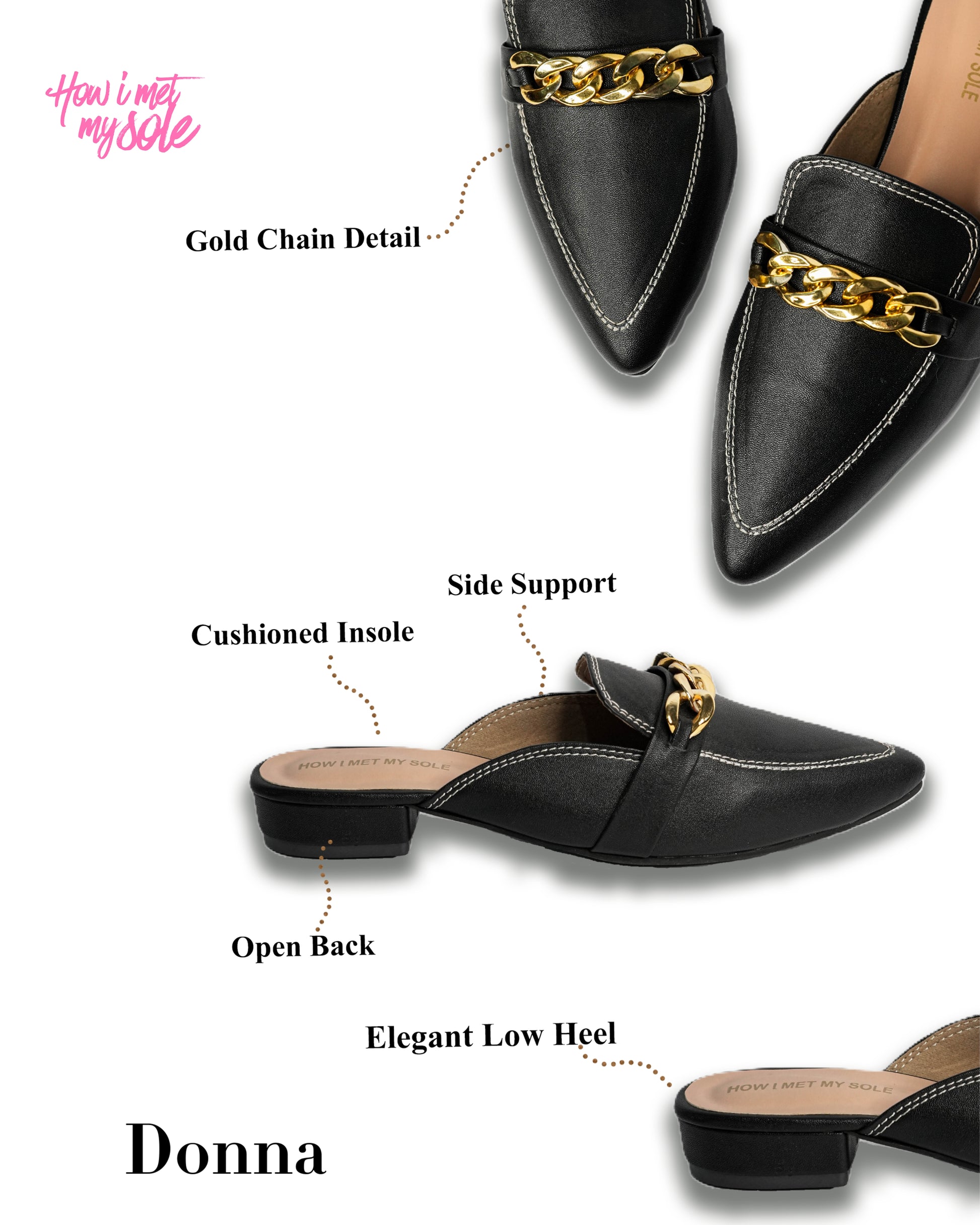 Donna Black Pointed Toe Easy Slip On Mule - Detail