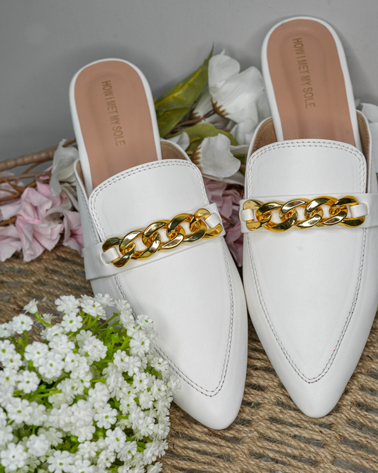 Donna Golden Chain White Mules - Front