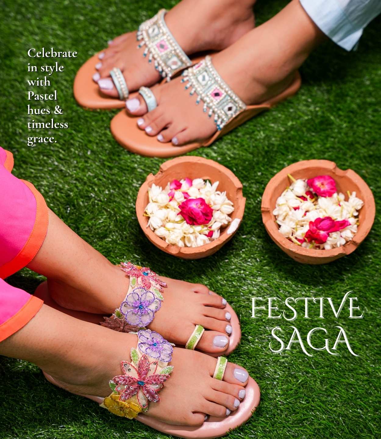 Decorative sandals with floral designs on a grassy background, featuring text about festive style. (Festive Saga Celebrate in style with pastel hues & timeless grace - Mobile Banner)