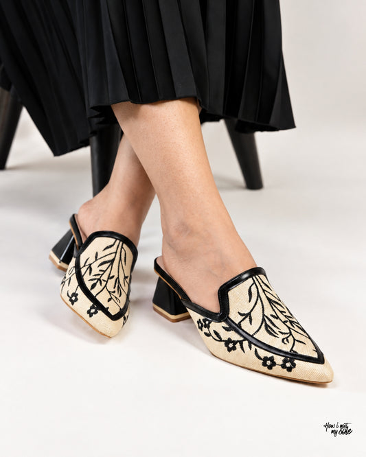 'Fling Me' Beige & Black Pointed Toe Mules - In Feet Front & Side