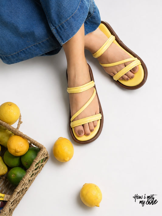 Girl Sitting In 'Butter Bomb' Yellow PU Open Toe Flat Slides - In Feet Top