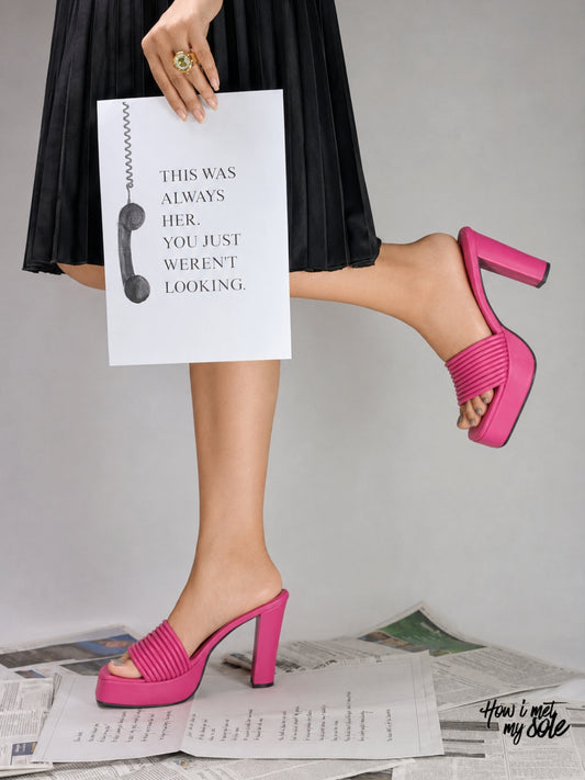 Girl Standing in 'Bindaas Babe' Hot Pink PU Open Toe Platform 4 Inches Block Heels - In Feet Sides