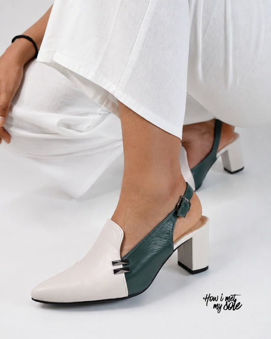 'Green Fall Fashioned 2.0' Off-White & Green Pointed-Toe Heels - In Feet Side
