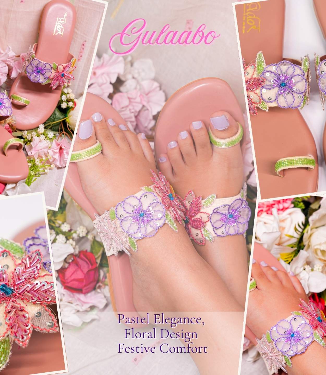 Collage of floral sandals with 'Gutaabo' branding and pastel colors. (Gulaabo Pastel Elegance, floral design, festive comfort - Mobile Banner)