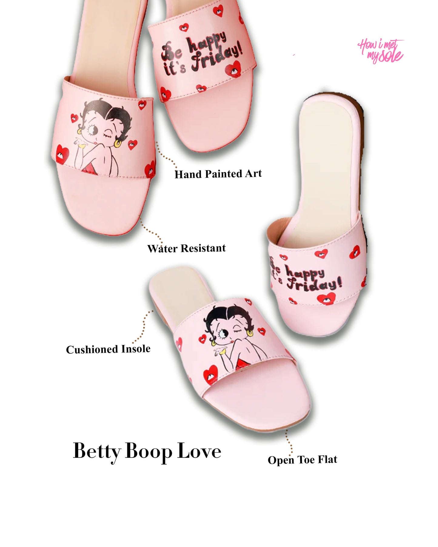 Hand Painted Custom Betty Boop Love Slider Easy Slip on Flats - Details