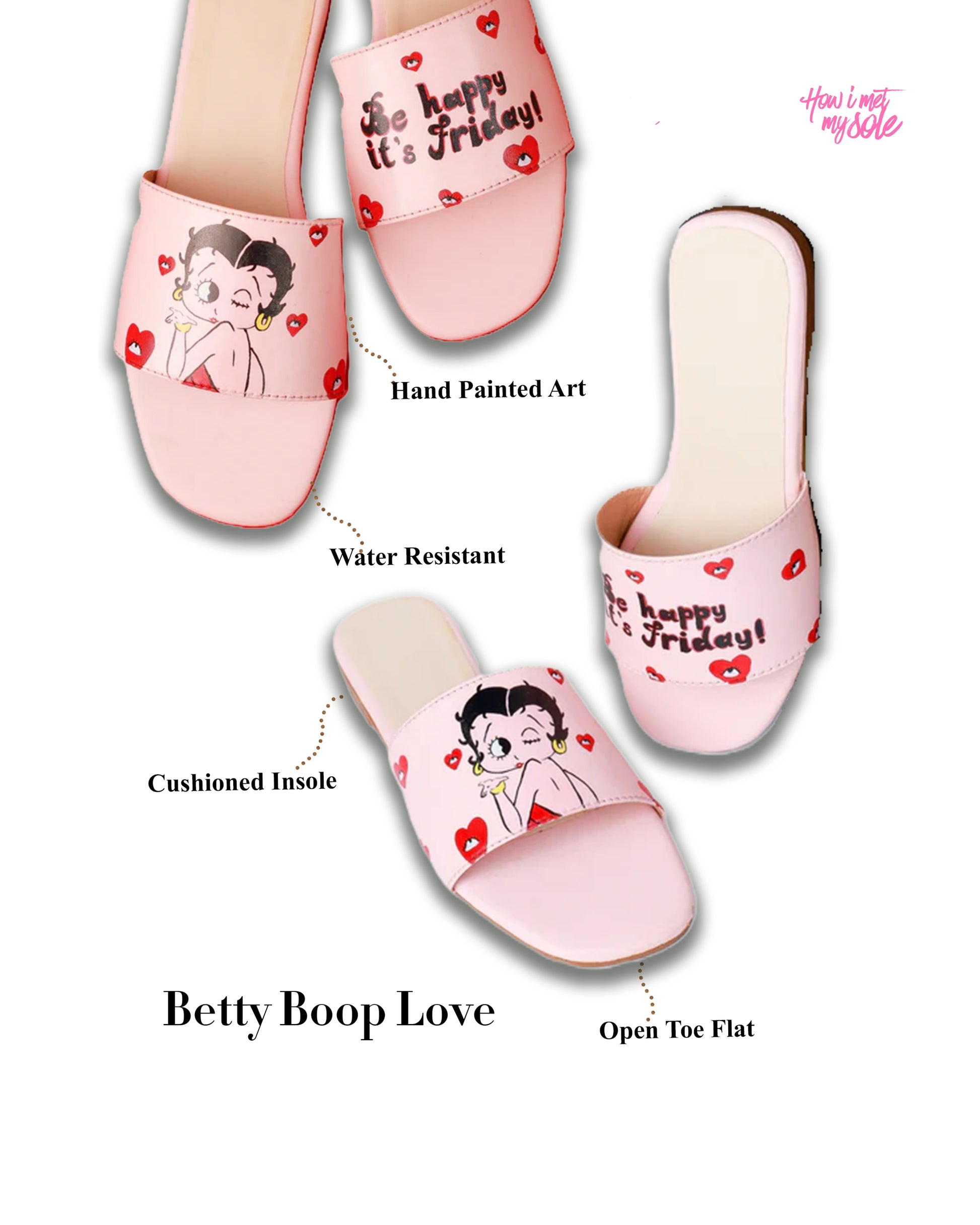 Hand Painted Custom Betty Boop Love Slider Easy Slip on Flats - Details