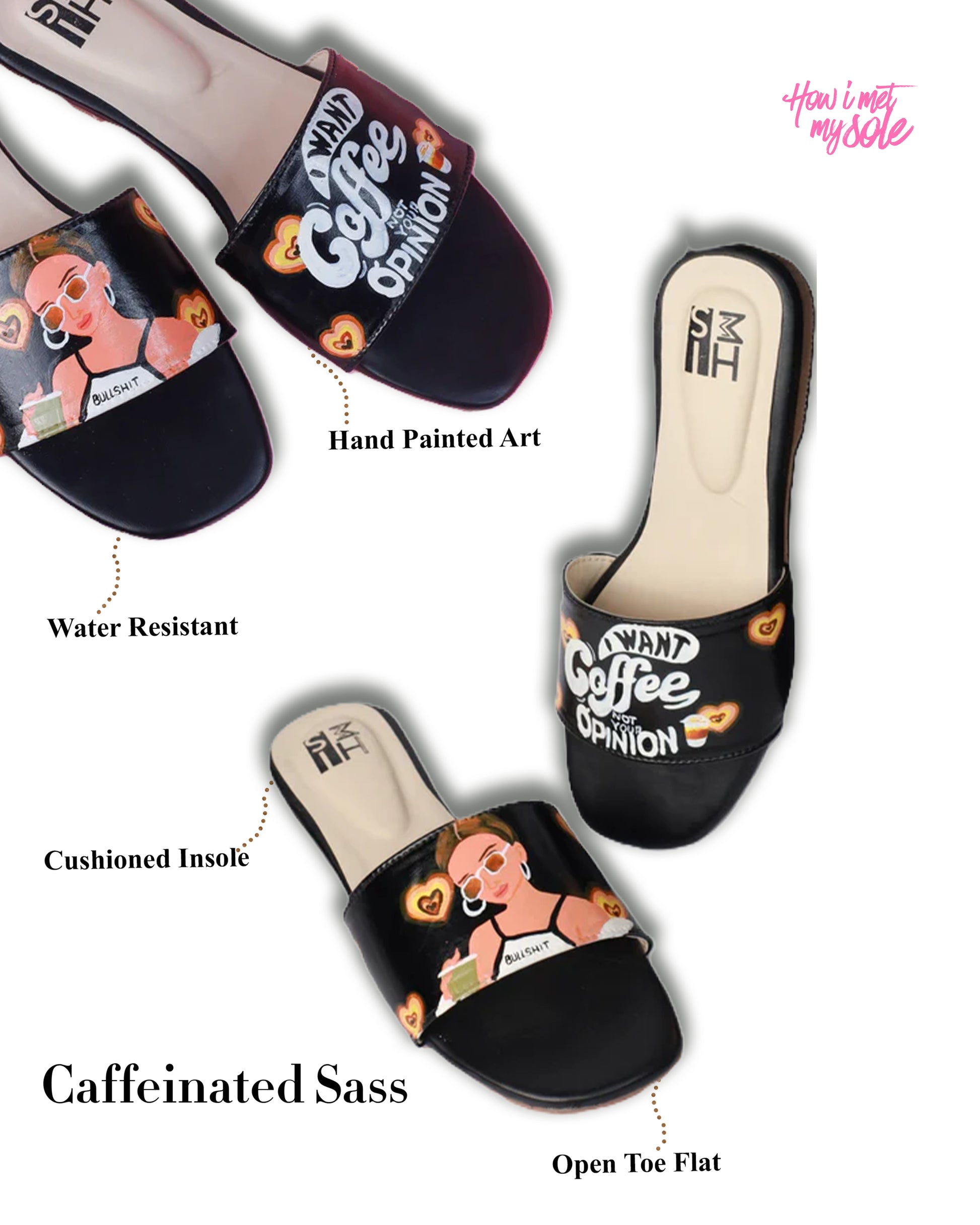 Hand Painted Custom Caffeinated Saas Slider Easy Slip on Flats - Details