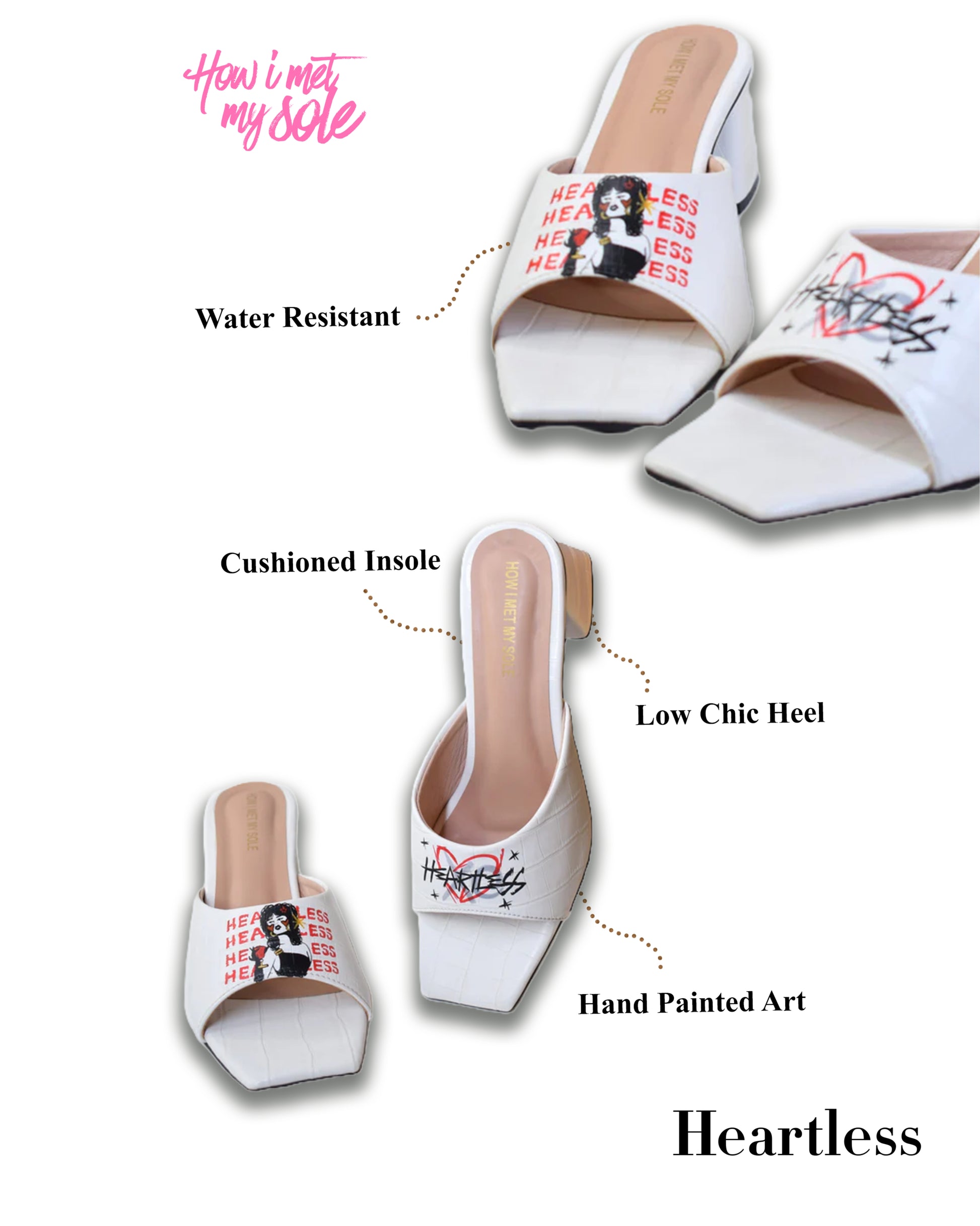 Hand Painted Custom Heartless White Open Toe Block Heel - Details