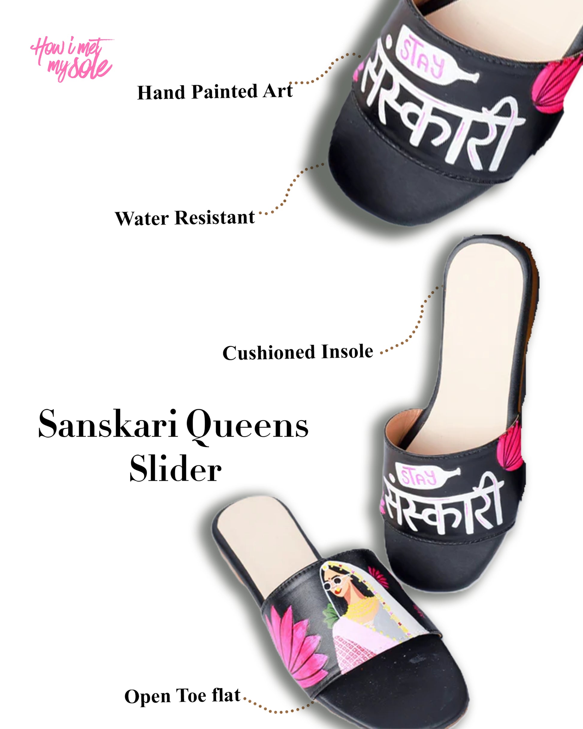 Hand Painted Custom Sanskari Queens Slider Easy Slip on Flats - Details