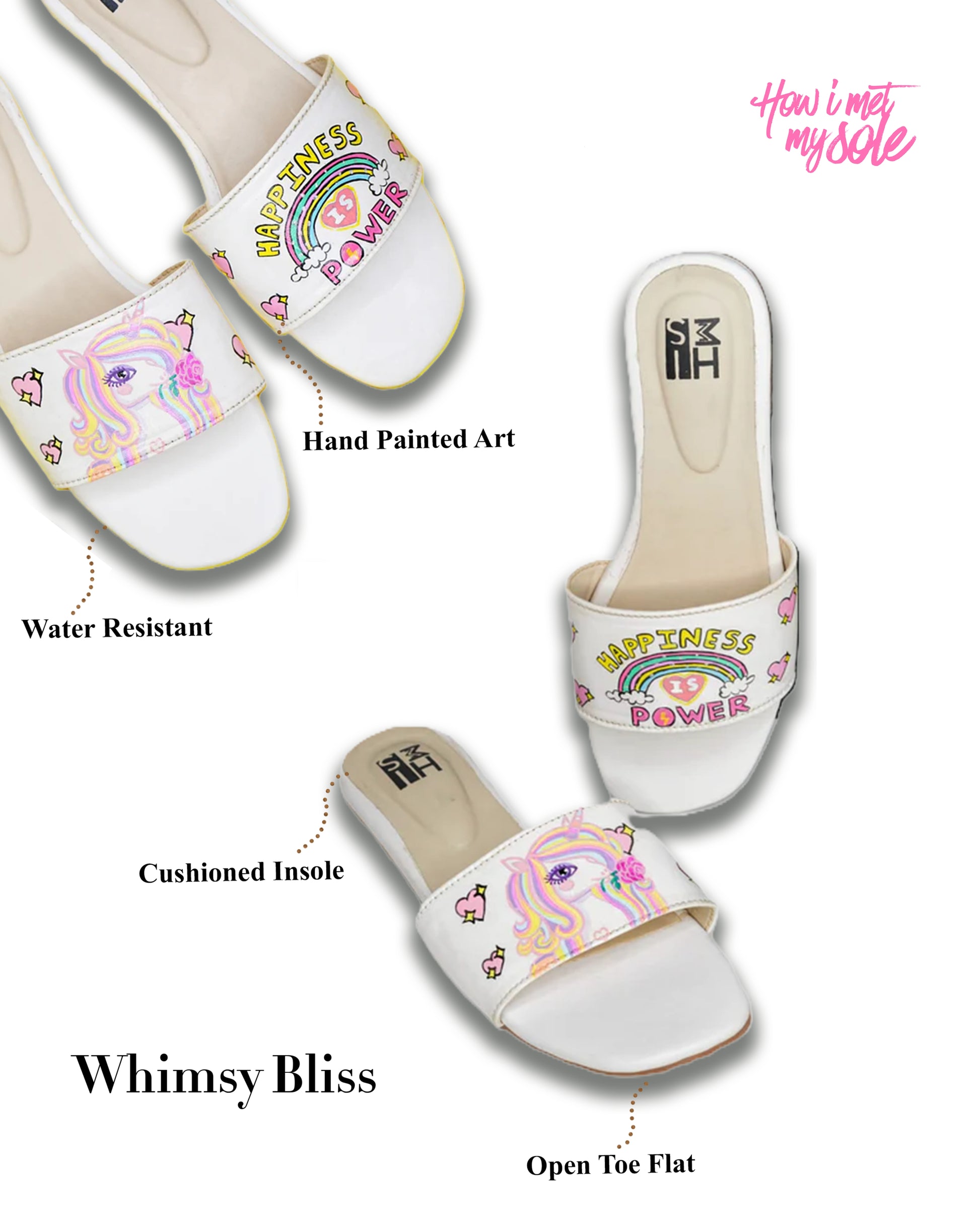 Hand Painted Custom Whimsy Bliss Unicorn Rainbow Slider Easy Slip on Flats - Details
