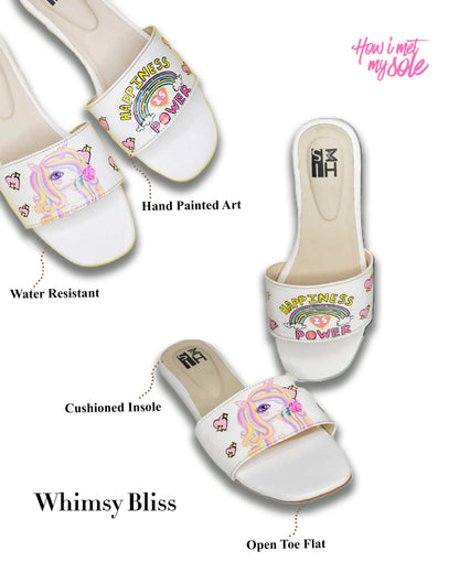 Hand Painted Custom Whimsy Bliss Unicorn Rainbow Slider Easy Slip on Flats - Details