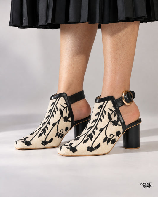 'Leaf Me' Beige & Black Pointed Toe Heels - In Feet Sides