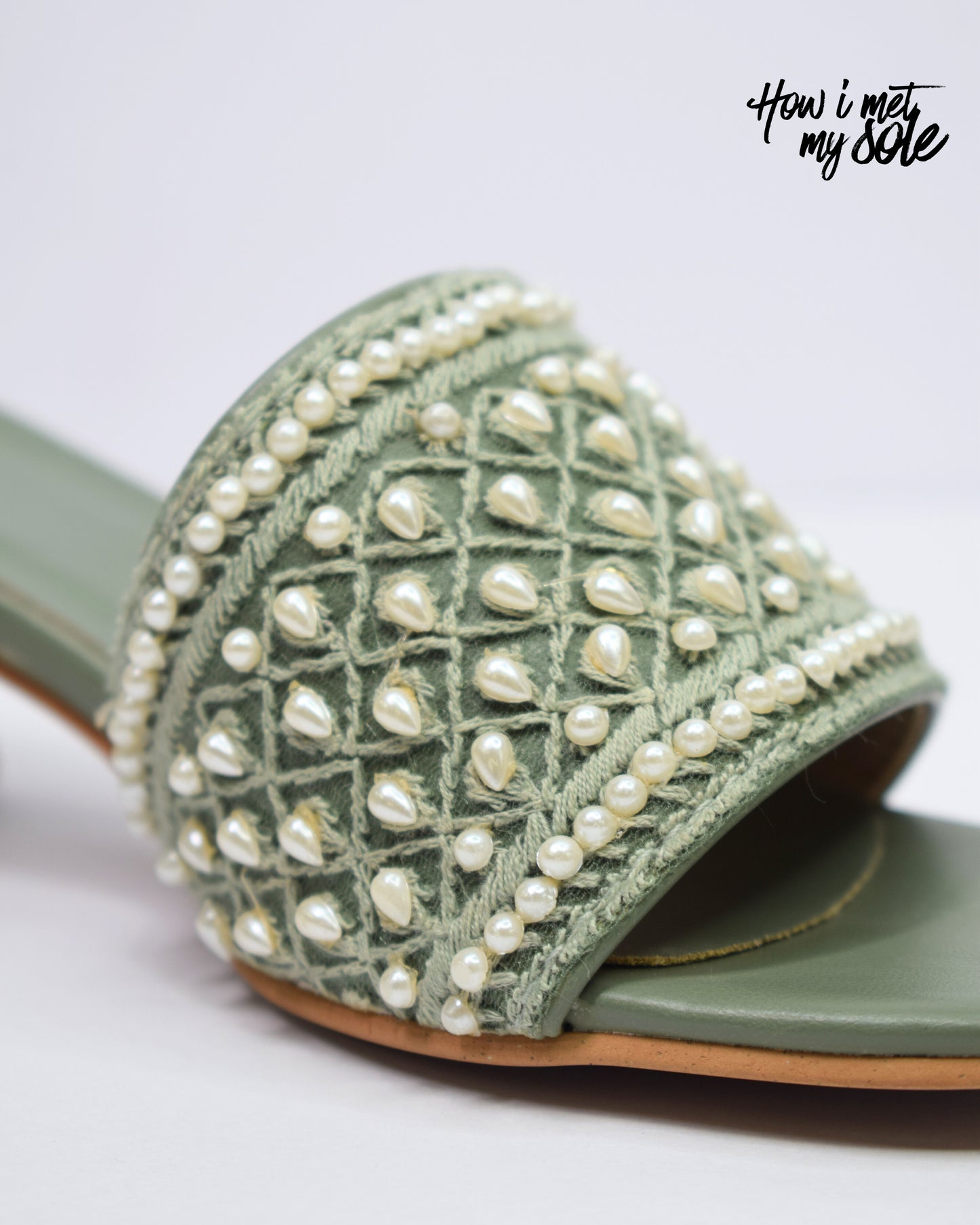 'Mahebooba' Sage Green PU Open Toe Ethnic Embroidered Block Heels - Front Side Close Up