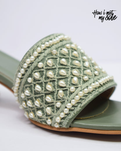 'Mahebooba' Sage Green PU Open Toe Ethnic Embroidered Block Heels - Front Side Close Up