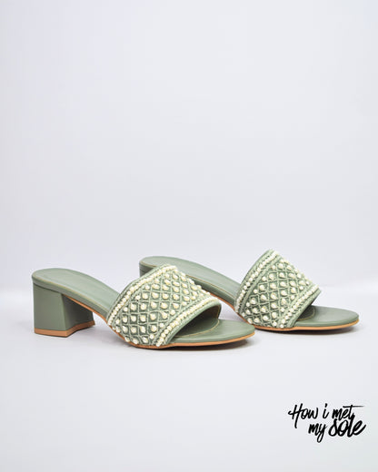 'Mahebooba' Sage Green PU Open Toe Ethnic Embroidered Block Heels - Front Sides