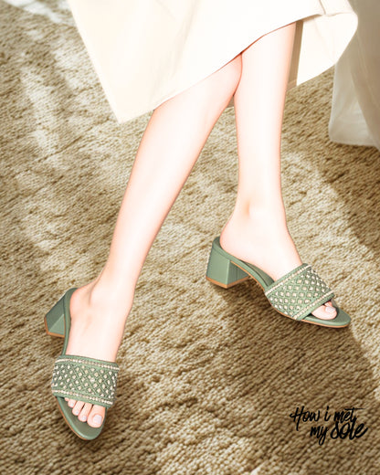 'Mahebooba' Sage Green PU Open Toe Ethnic Embroidered Block Heels - In Feet