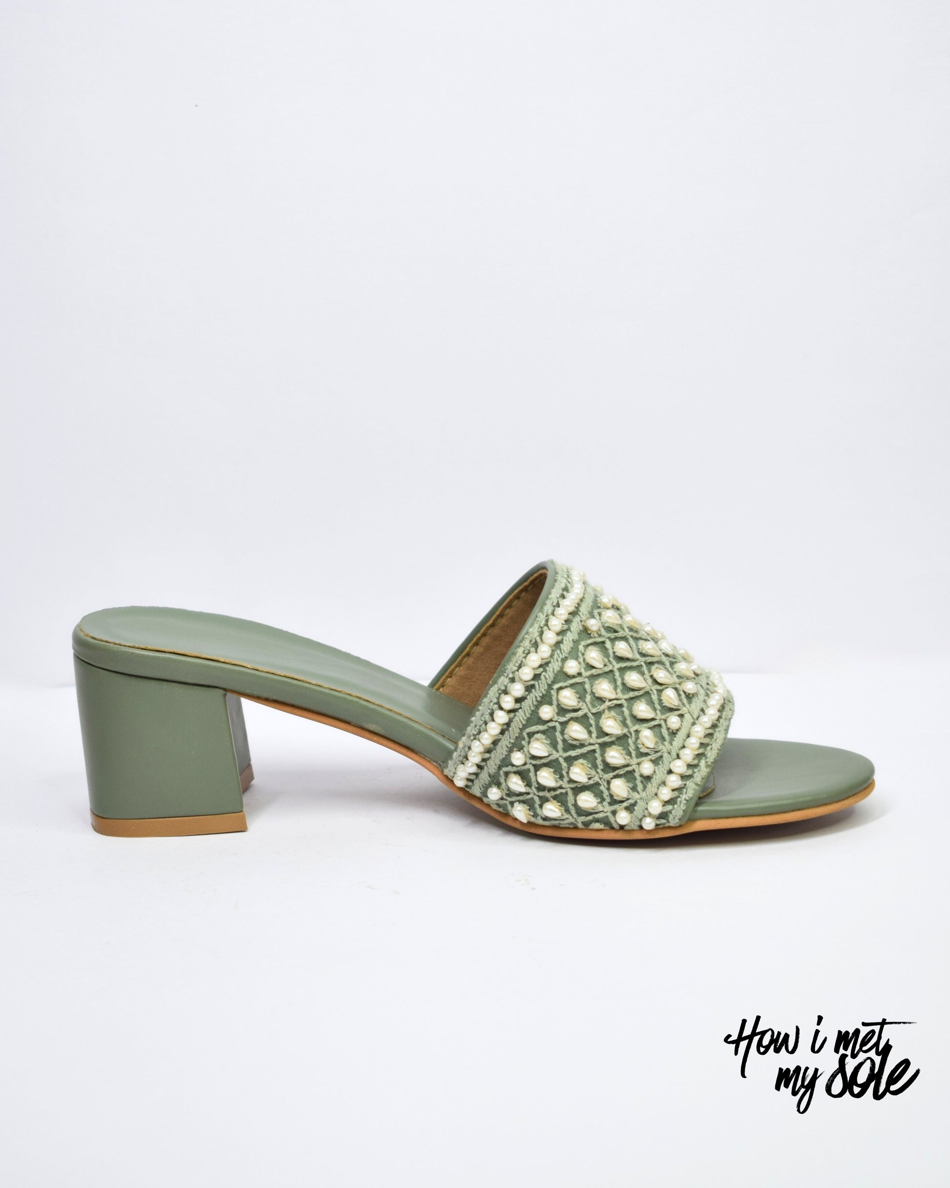 'Mahebooba' Sage Green PU Open Toe Ethnic Embroidered Block Heels - Side