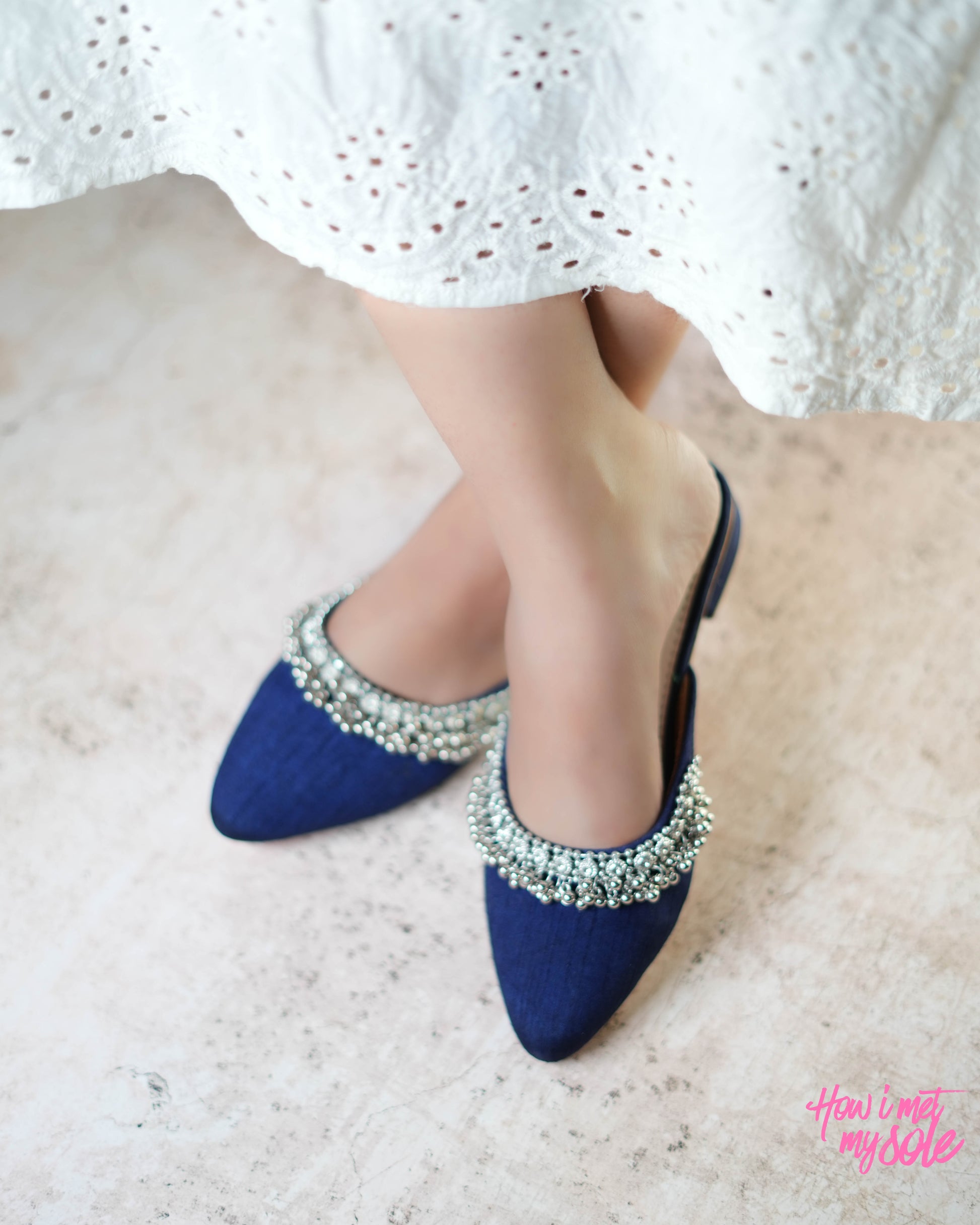 'Masakali Denim Blue Mules' - Front in feet