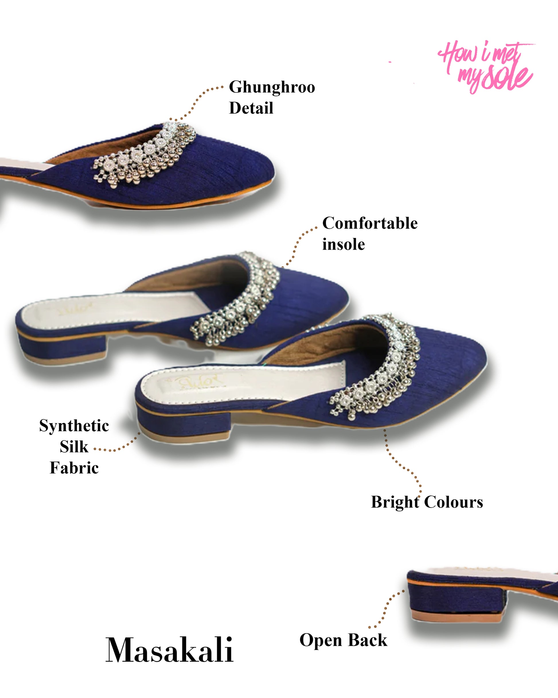 Masakali Ghungaroo Denim Blue Mule Easy Slip on Flat - Detail