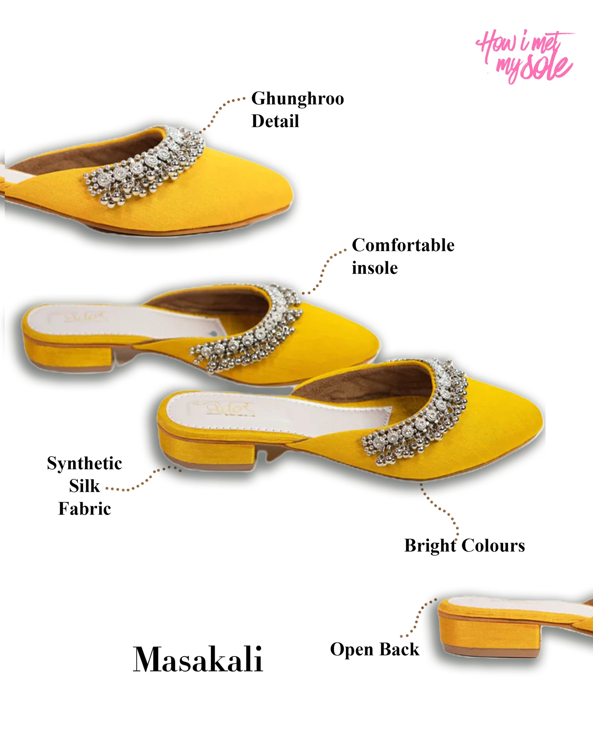 Masakali Ghungaroo Yellow Mule Easy Slip on Flat - Detail