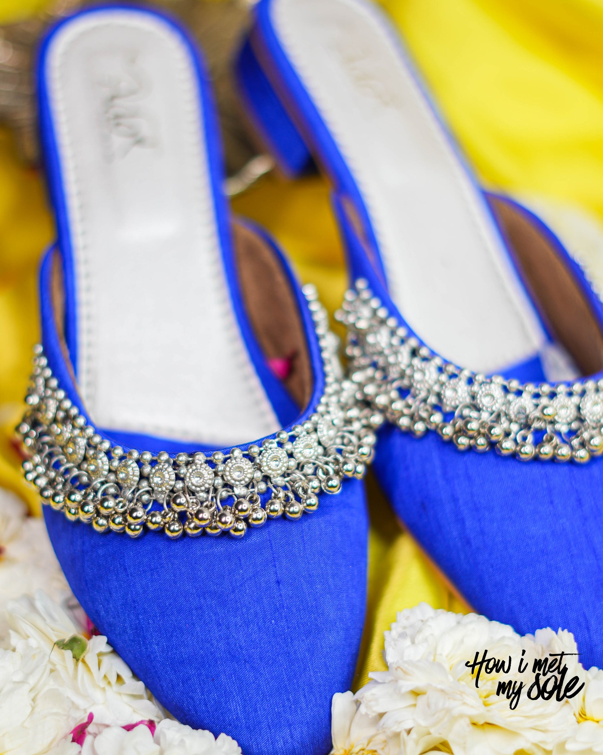 'Masakali Royal Blue Mules' - Front with flowers