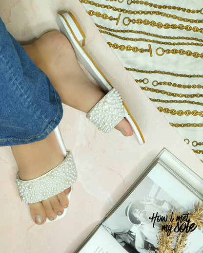 Mia White Pearl Slides - In Feet