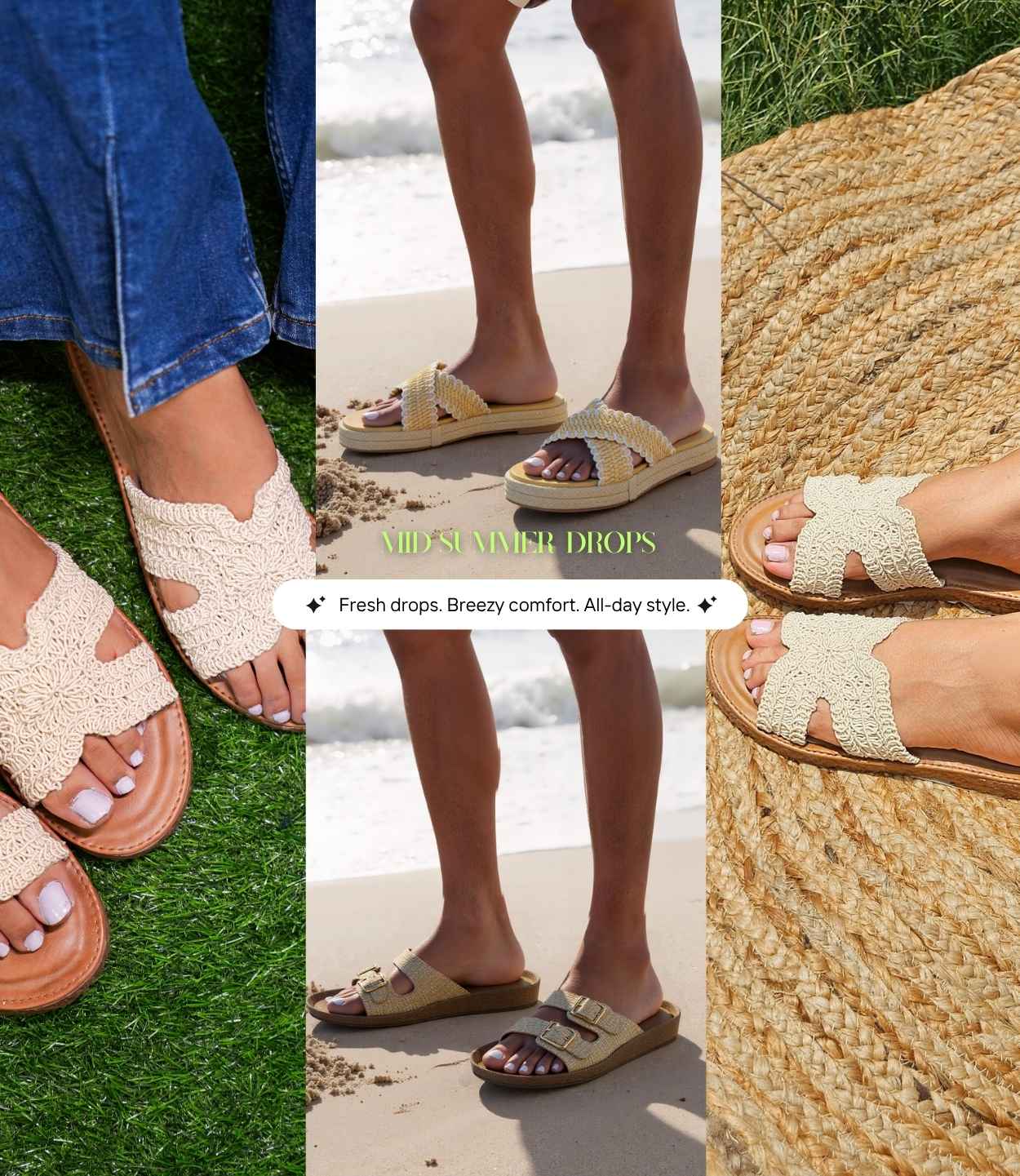 Collage of sandals worn on grass, sand, and a woven surface with text overlay. (Mid Summer Drops Fresh Drops breezy comfort all day style - Mobile Banner)