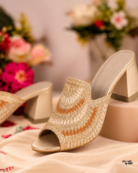 'Nakhra Rani' Gold Open Toe Heels - Side Close